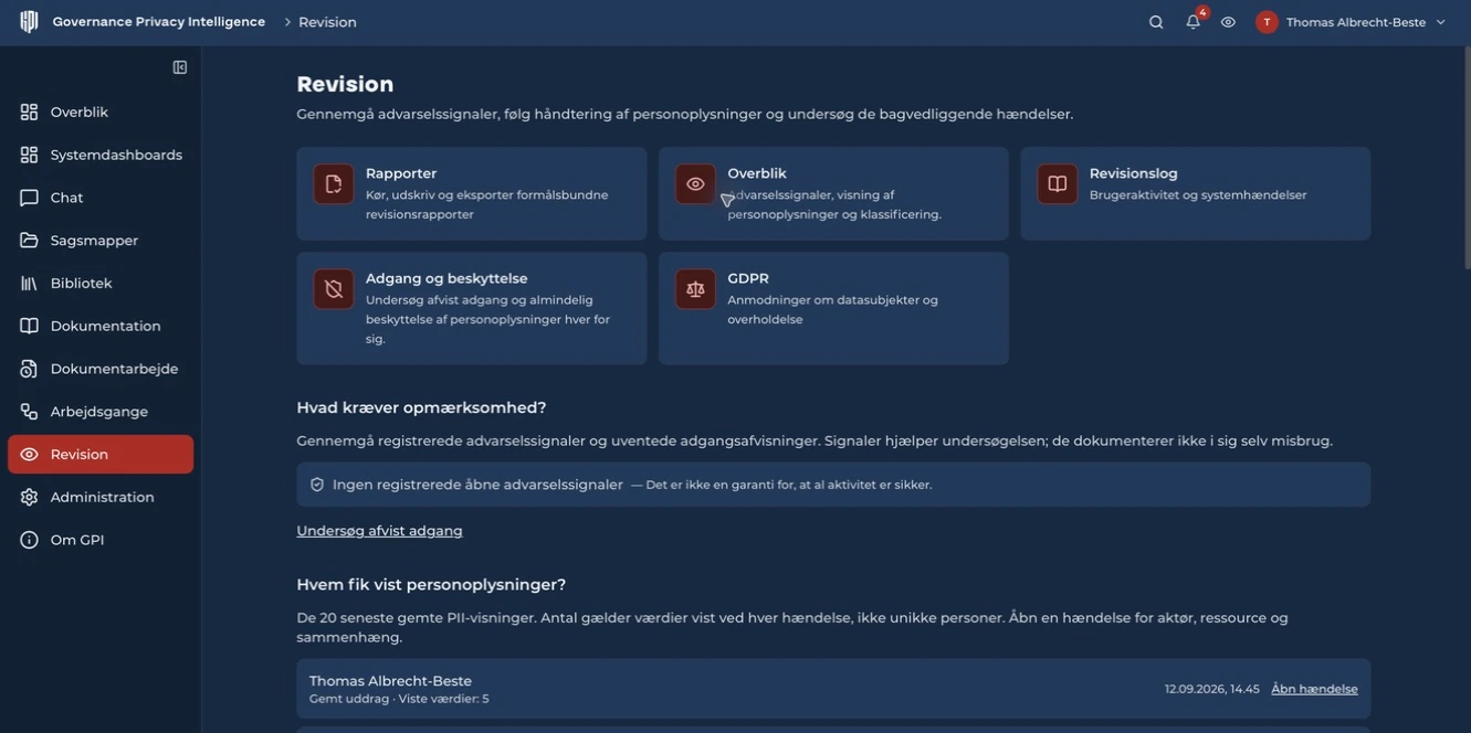 GPI-revision med rapporter, revisionslog, adgangsbeskyttelse og registrerede PII-visninger.