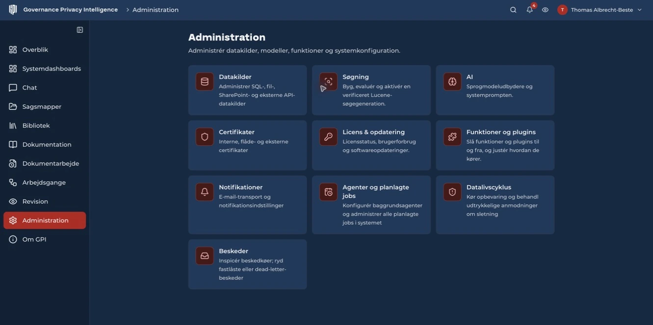 GPI-administration med adgang til datakilder, AI-modeller, certifikater og funktioner.