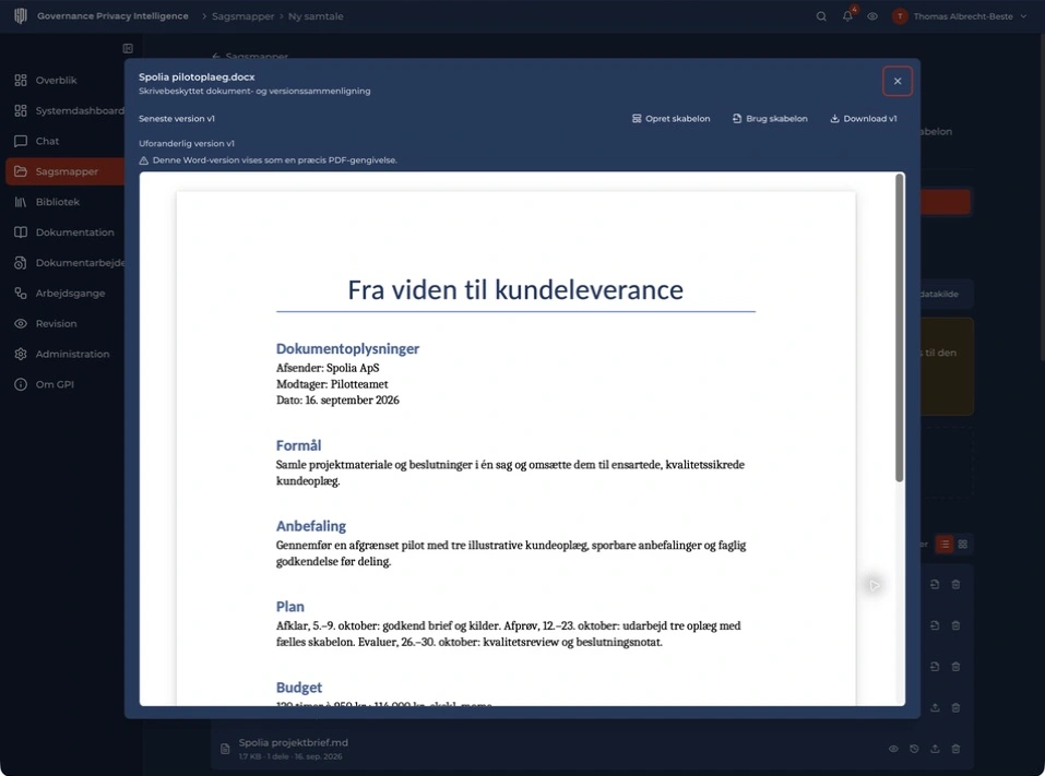 Præcis forhåndsvisning af Spolias genererede Word-oplæg med afsender, modtager, formål, anbefaling og plan.
